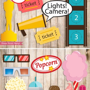 Movie Night Props, Printable Photo Booth, Birthday Party, Oscar, Camera, Clapper, Hat, Cotton Candy, Popcorn, Movie Reel, INSTAND DOWNLOAD image 2