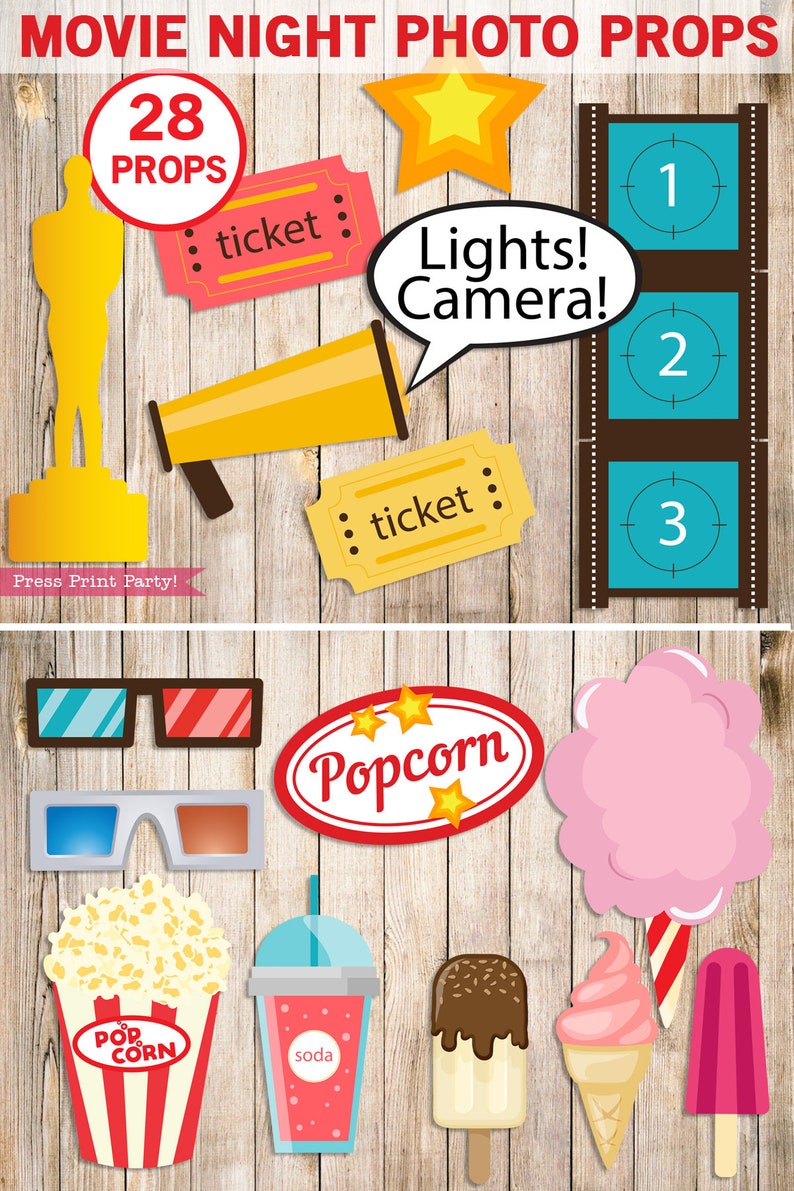 Movie Night Props, Printable Photo Booth, Birthday Party, Oscar, Camera, Clapper, Hat, Cotton Candy, Popcorn, Movie Reel, INSTAND DOWNLOAD image 2