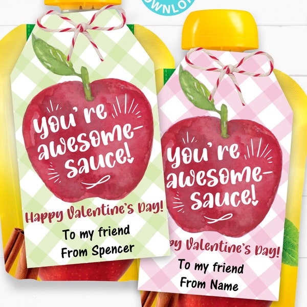 Applesauce Valentine Tag for Kids Printable, For Apple Sauce Pouch, You're Awesomesauce, Classroom Valentines, Editable, INSTANT DOWNLOAD