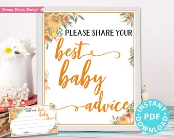 Little Pumpkin Baby Shower Mom Advice Card & Sign Printable, Best Baby Advice for New Mom, Template, Fall Rustic, Frame, INSTANT DOWNLOAD