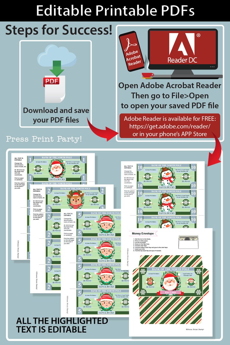 Op de afbeelding: Printbare PDF-sjablonen voor Santa Bucks en een bijpassende envelop. Het ontwerp bevat illustraties van de kerstman, rendieren en sneeuwpoppen. Er worden instructies gegeven voor het downloaden en bewerken van de PDF-bestanden.