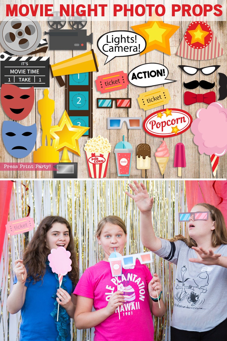 Movie Night Props, Printable Photo Booth, Birthday Party, Oscar, Camera, Clapper, Hat, Cotton Candy, Popcorn, Movie Reel, INSTAND DOWNLOAD image 1