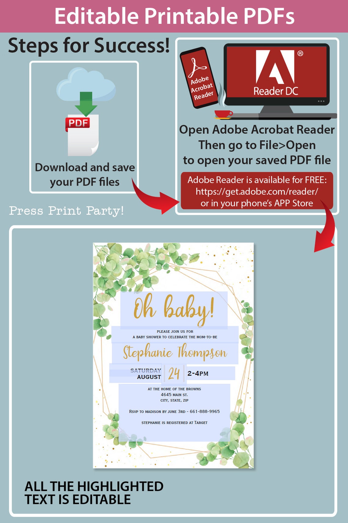 Custom Baby Shower Invitation Printable Kit Eucalyptus Baby Etsy