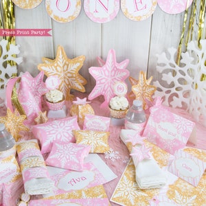 Winter ONEderland Birthday Party Package Printable, Pink & Gold Snowflakes Decorations, Girl First Birthday Party, Invite, INSTANT DOWNLOAD image 7