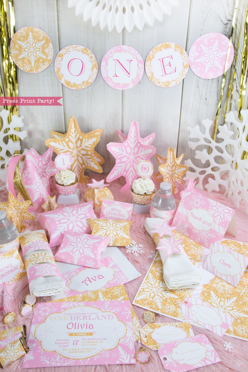 Winter ONEderland Birthday Party Package Printable, Pink & Gold Snowflakes Decorations, Girl First Birthday Party, Invite, INSTANT DOWNLOAD image 7