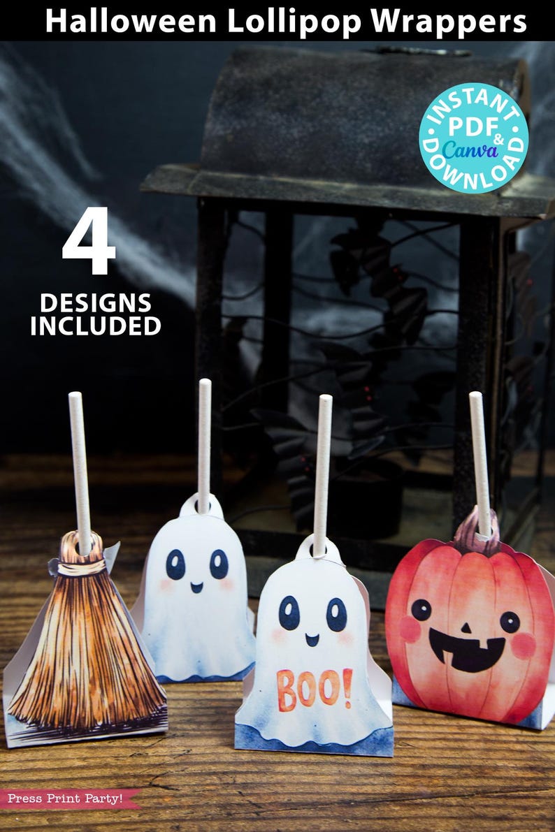 Halloween lollipop wrappers. ghost, pumpkin, broom. 4 designs included - tootsie pop, blow pop