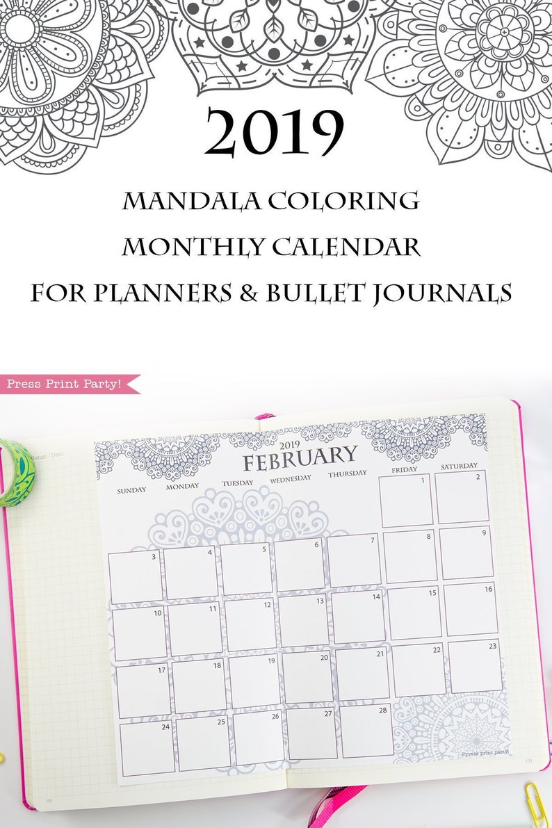 image regarding Bullet Journal Monthly Calendar Printable referred to as 2019 Calendar Printable, Every month Calendar, Mandala Coloring Calendar Internet pages, Bullet Magazine Calendar Planners, BUJO, Immediate Down load