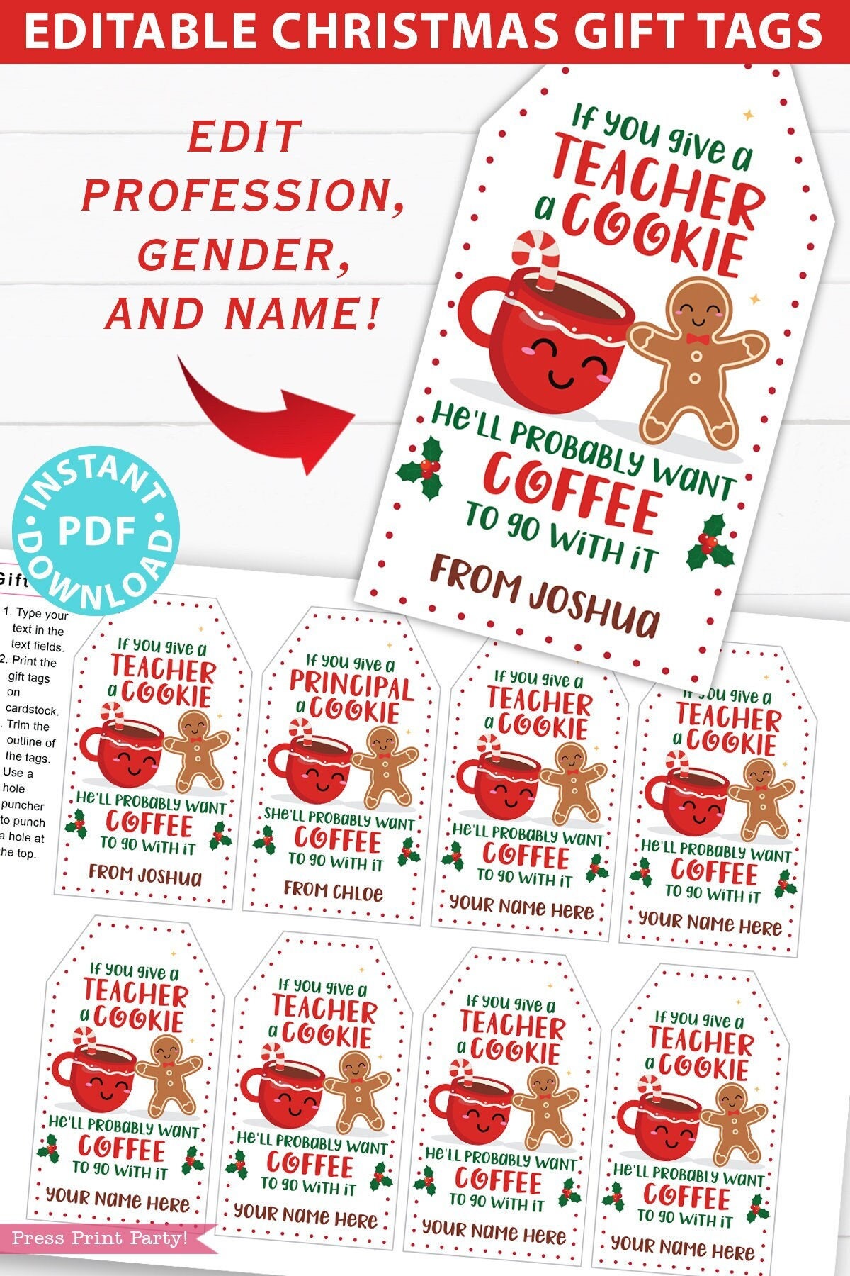 Christmas Coffee Gift Tag Printable Teacher Christmas Gift Tag Staff  Holiday Gift Nurse Christmas Gift Merry & Caffeinated 