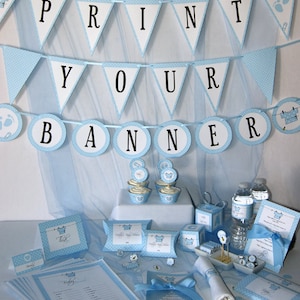 Set imprimible para baby shower de niño, decoración azul para baby shower de niño con abeja, invitación para baby shower de niño, pancarta para baby shower, descarga instantánea