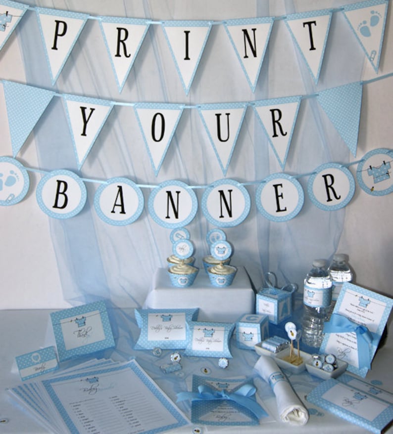 Boy Baby Shower Printable Set, Baby Blue Shower Decoration Boy, w. Bee, Baby Shower Invitation Boy, Baby Shower Banner, INSTANT DOWNLOAD image 1