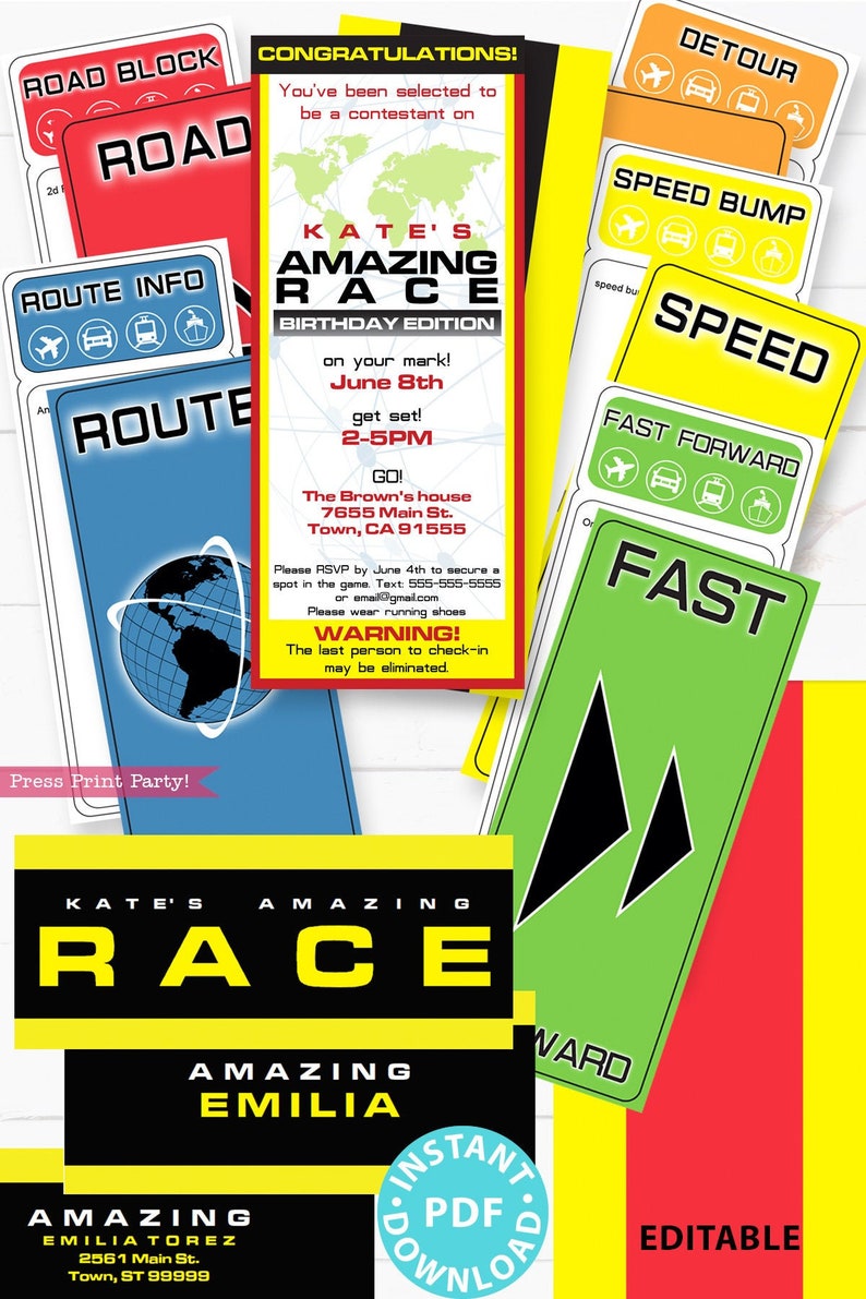 Editable Amazing Race clue cards and invitation with labels. Make your own Amazing Race Party Challenges