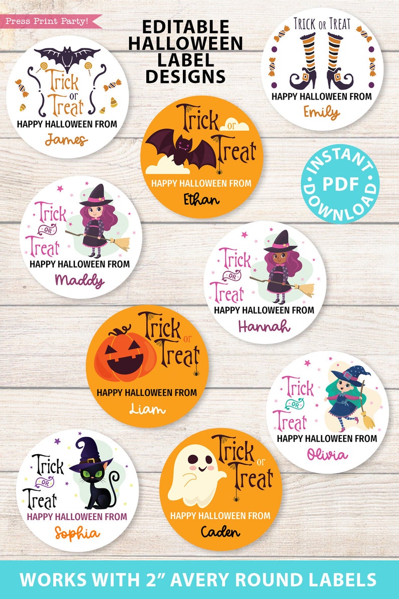 Halloween Labels Printable Avery 2 Round Labels Custom Editable text Halloween treat sticker Purple Witch Printable Favor Sticker Template image 3