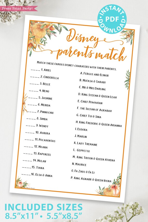 Little Pumpkin Disney Parents Match Baby Shower Game Printable, Unique Baby Shower Game Template, Fall Rustic, Girl, Boy, INSTANT DOWNLOAD Il_570xn