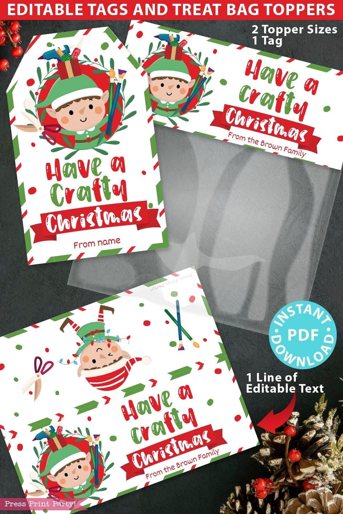 Have a Crafty Christmas Treat Bag Toppers and Tag Editable Name Classroom Gift Kit Easy Holiday Gift Tag Christmas Crafts Bundle for Kids