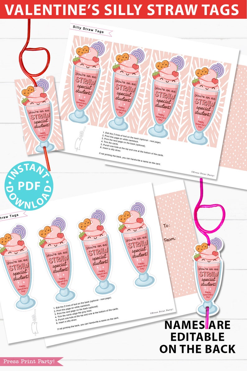May include: Valentine's Day silly straw tags with a pink milkshake design. Each tag features the text "You're an ex STRAW special student!" and "Happy Valentine's Day". Includes a pink, curly straw.