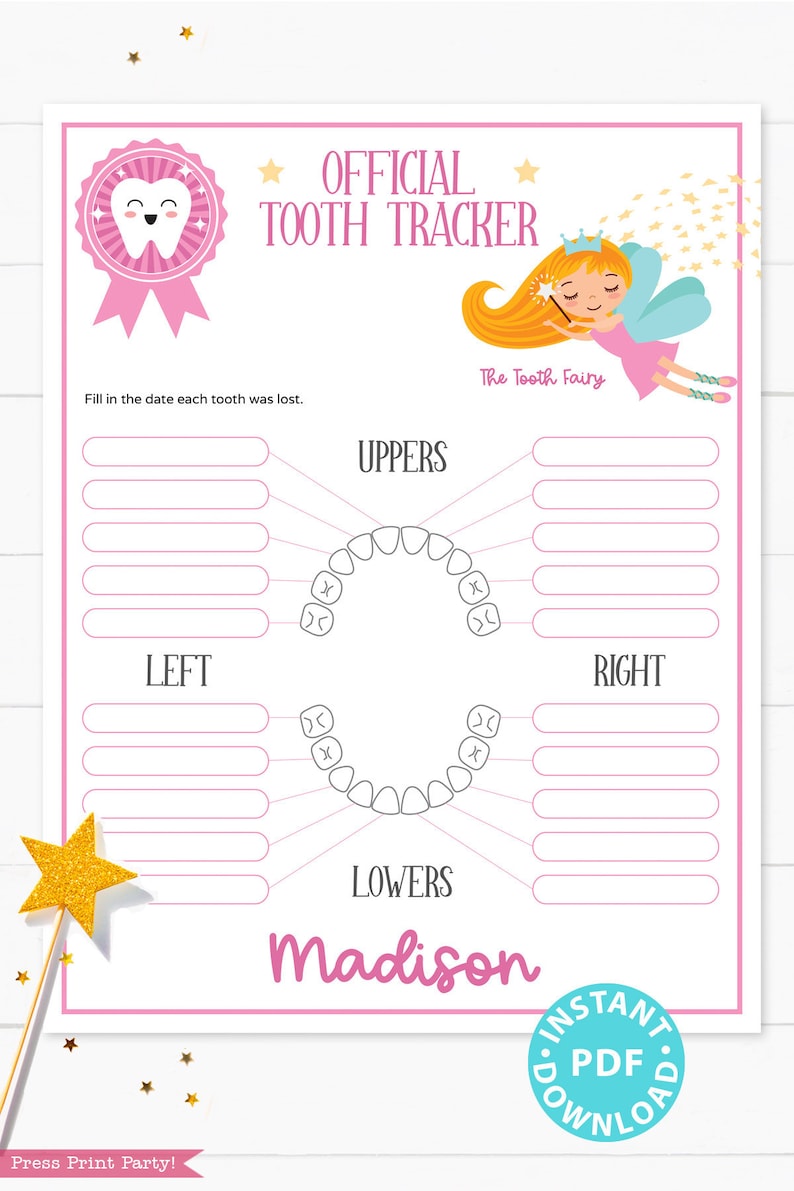 Baby Teeth Chart with the Tooth Fairy Printable, Tooth Tracker, Editable and Customizable, Tooth Fairy for girls, INSTANT DOWNLOAD image 1