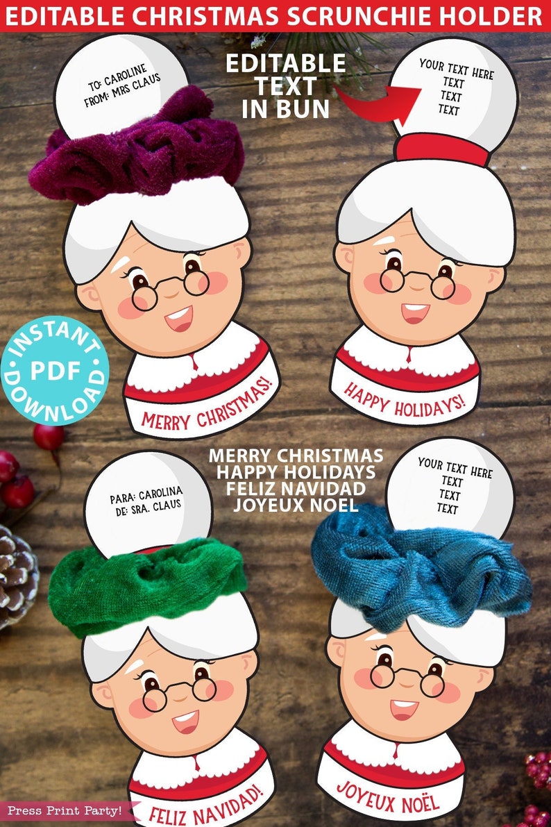 May include: Printable Christmas scrunchie holder featuring a cartoon grandma with a red and white outfit. The holder has a blank circle for adding personalized text and a space for a scrunchie. The text on the holder says "Merry Christmas!"  "Happy Holidays!" "Feliz Navidad!" and "Joyeux Noel!"