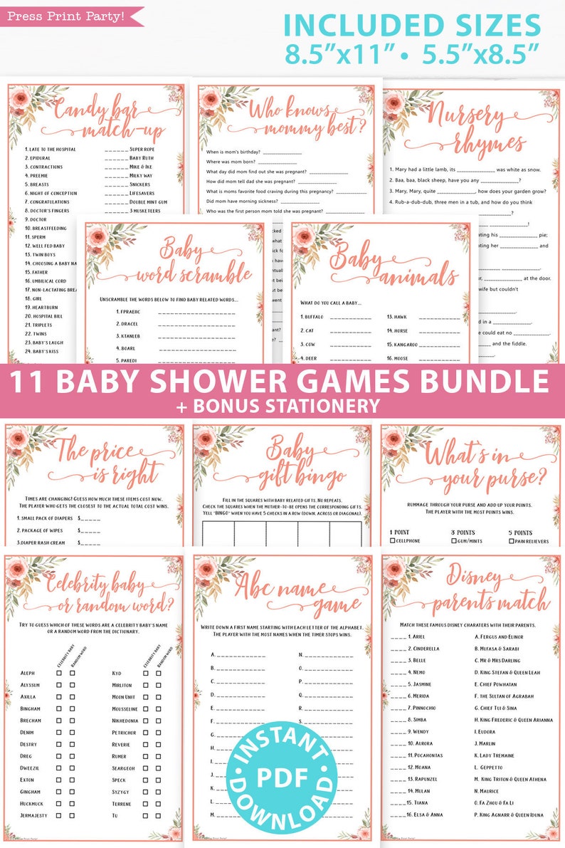 Baby Shower Games Bundle Printable, Peach Flowers, Games Pack, Unique Baby Shower Games, Funny Activities, Girl, Bingo, INSTANT DOWNLOAD image 1