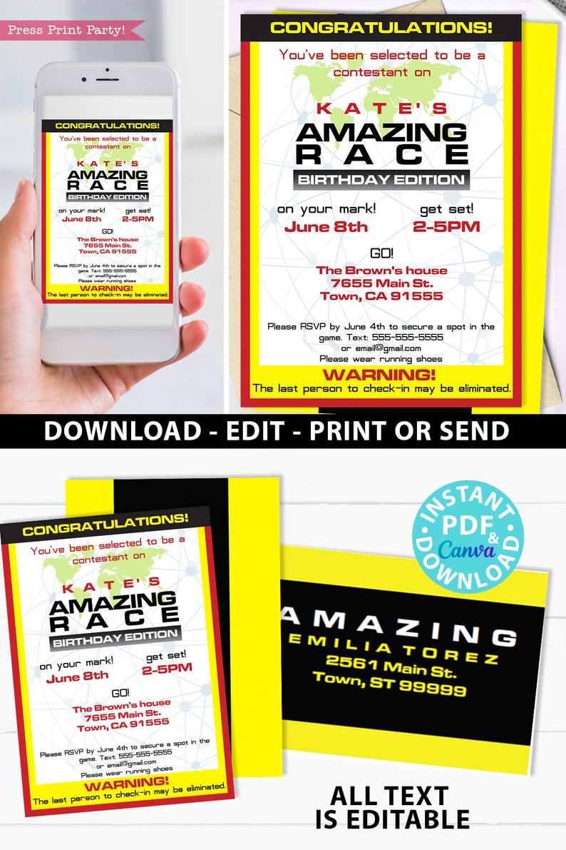 The Amazing Race Party Invitation Printable, Editable, Route Marker, envelope labels, 2 sizes, Print or Send Digitally, INSTANT DOWNLOAD image 2