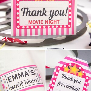 May include: Pink and white striped movie night thank you tags with a marquee design and stars. The text on the tag reads "Thank you! Movie Night" and "Thank you for coming! Emma".
