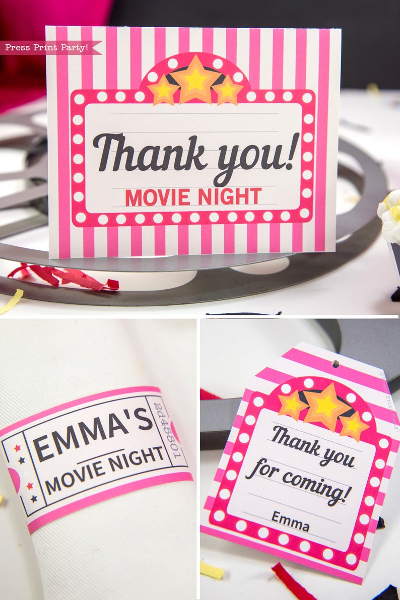 May include: Pink and white striped movie night thank you tags with a marquee design and stars. The text on the tag reads "Thank you! Movie Night" and "Thank you for coming! Emma".