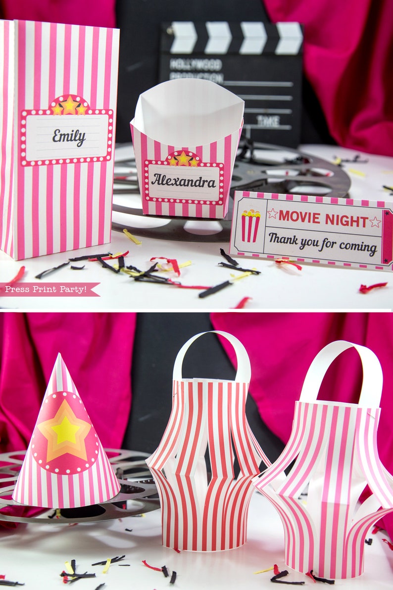 May include: Pink and white striped party favor bags with a movie night theme. The bags are decorated with stars and have a space for a name. The bags are perfect for holding small treats or gifts.