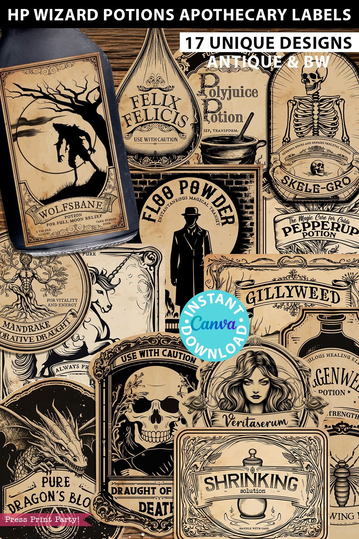 HP Wizard Party Potion Labels Decor Halloween Witch Apothecary Shelf Decor Vintage Labels Wizard Birthday Decor Halloween Sticker Digital