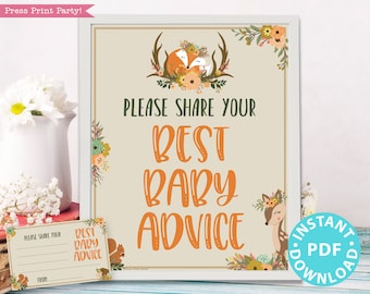 Woodland Baby Shower Mom Advice Card & Sign Printable, Best Baby Advice for New Mom, Template, Rustic Forest Animal, Frame, INSTANT DOWNLOAD