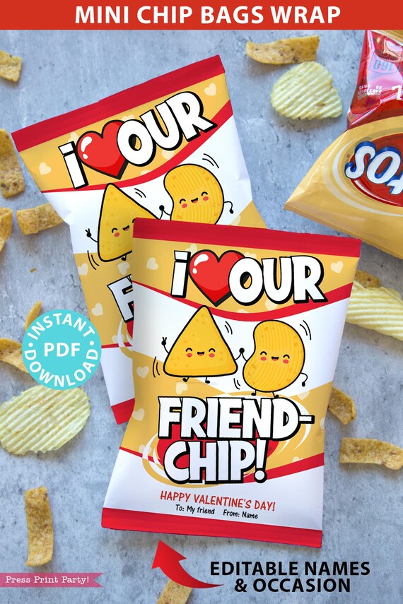 Valentine Chip Bag Wrap Printable Template, Kids Valentines Cards, EDITABLE Names, I <3 our Friend-chip, School Classroom, INSTANT DOWNLOAD Il_570xn