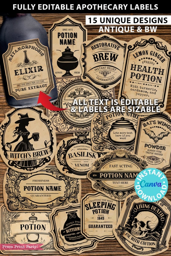 EDITABLE Potion Labels Printable Antique Apothecary Bottle Label White Apothecary Label Template Blank Apothecary Labels Digital Stickers