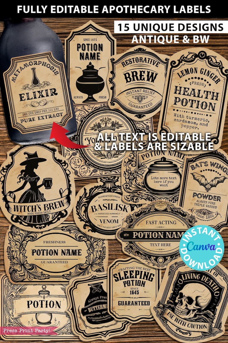 Fully editable apothecary labels for custom potion labels,vintage herb labels ingredient labels tincture labels, kitchen labels for containers, Halloween printable stickers witch. Harry Potter. Wizard party, Halloween party decor. Press Print Party!
