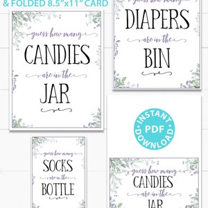 Guess How Many Game Sign Printable, w Editable Text for Items and Container, Greenery & Purple Baby Shower Game Frame, INSTANT DOWNLOAD image 3