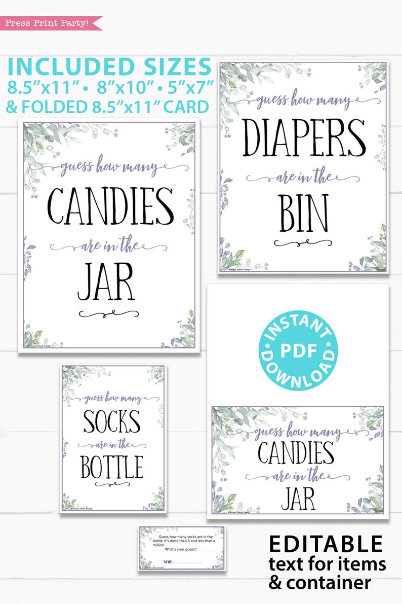 Guess How Many Game Sign Printable, w Editable Text for Items and Container, Greenery & Purple Baby Shower Game Frame, INSTANT DOWNLOAD image 3