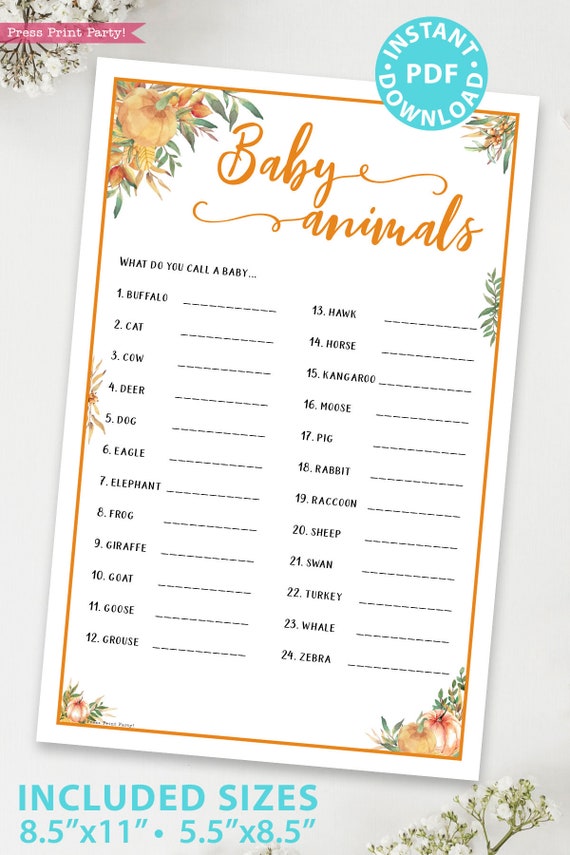 Little Pumpkin Baby Animals Baby Shower Game Printable Baby Animal Name Game Template Funny Activities Fall Rustic Instant Download By Press Print Party Catch My Party