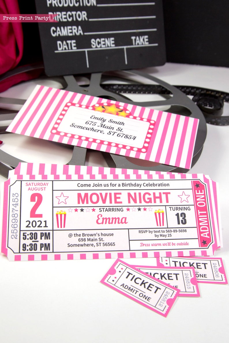 May include: Pink and white striped movie ticket invitation for a birthday party. The invitation says "Movie Night" and features a popcorn bucket, stars, and the name "Emma". The date is August 2, 2021, and the time is 5:30 PM to 9:30 PM. The address is 698 Main St., Somewhere, ST 56565. The RSVP information is to text 569-89-5698 by May 25. The invitation also says "Dress warm we'll be outside".
