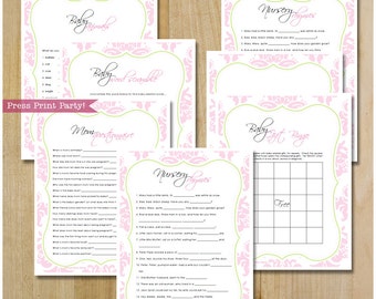 Baby Shower Games Printable Girl, Game Pack, Pink Damask Printables, Baby Scramble, Baby Animals Game, Baby Gift Bingo, INSTANT DOWNLOAD