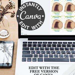Pode incluir: Um laptop exibe gr&aacute;ficos tem&aacute;ticos de P&aacute;scoa com o texto "Jesus is Risen! Hallelujah!" e "Happy Easter! From Katie." O logotipo da Canva &eacute; vis&iacute;vel, juntamente com o texto "Edit with the free version of Canva on any device."