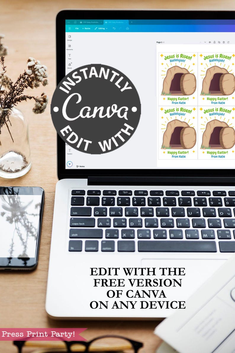 Pode incluir: Um laptop exibe gr&aacute;ficos tem&aacute;ticos de P&aacute;scoa com o texto "Jesus is Risen! Hallelujah!" e "Happy Easter! From Katie." O logotipo da Canva &eacute; vis&iacute;vel, juntamente com o texto "Edit with the free version of Canva on any device."