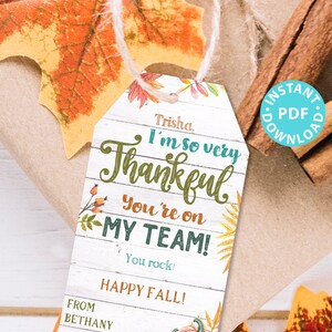 May include: A printable gift tag with a fall theme. The tag features a white wood background with a handwritten message that says "Trisha, I'm so very Thankful You're on My Team! You rock! Happy Fall!" The tag is decorated with fall leaves, pumpkins, and a brown twine bow.