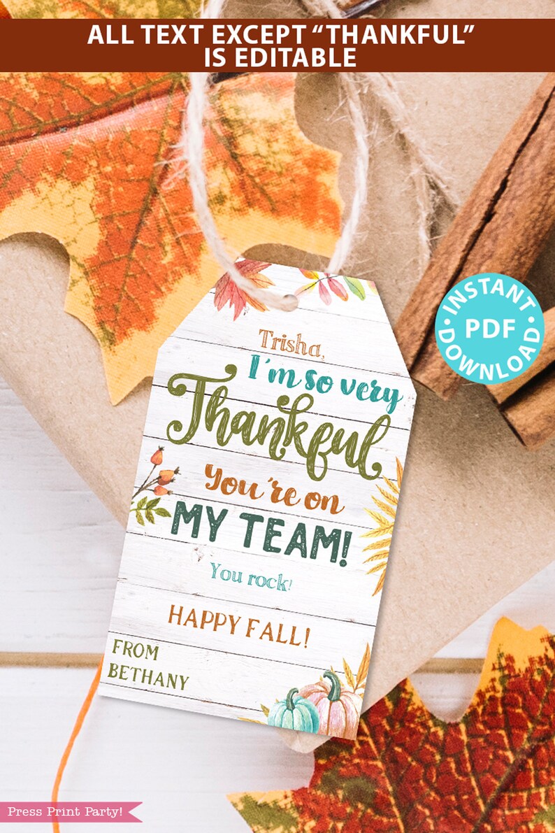 May include: A printable gift tag with a fall theme. The tag features a white wood background with a handwritten message that says "Trisha, I'm so very Thankful You're on My Team! You rock! Happy Fall!" The tag is decorated with fall leaves, pumpkins, and a brown twine bow.