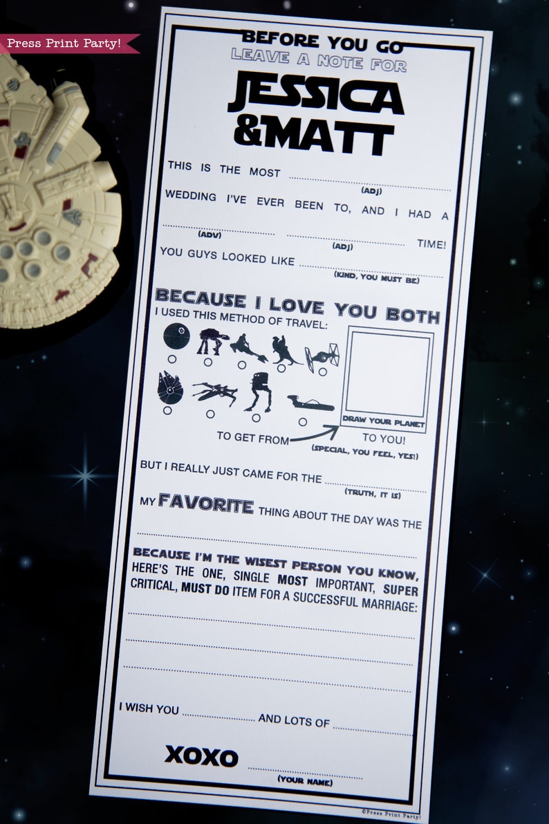 Imprimibles de Star Wars Wedding Mad Libs, Tarjetas de consejos matrimoniales, Boda nerd, Boda geek, Ciencia ficción, Libro de visitas Madlibs, 4 de mayo, DESCARGA INSTANTÁNEA imagen 2