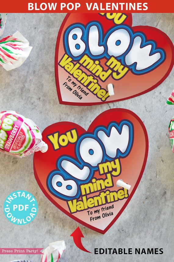 Blow Pop Valentine Printable Heart Template Kids Valentines Cards EDITABLE You Blow My Mind