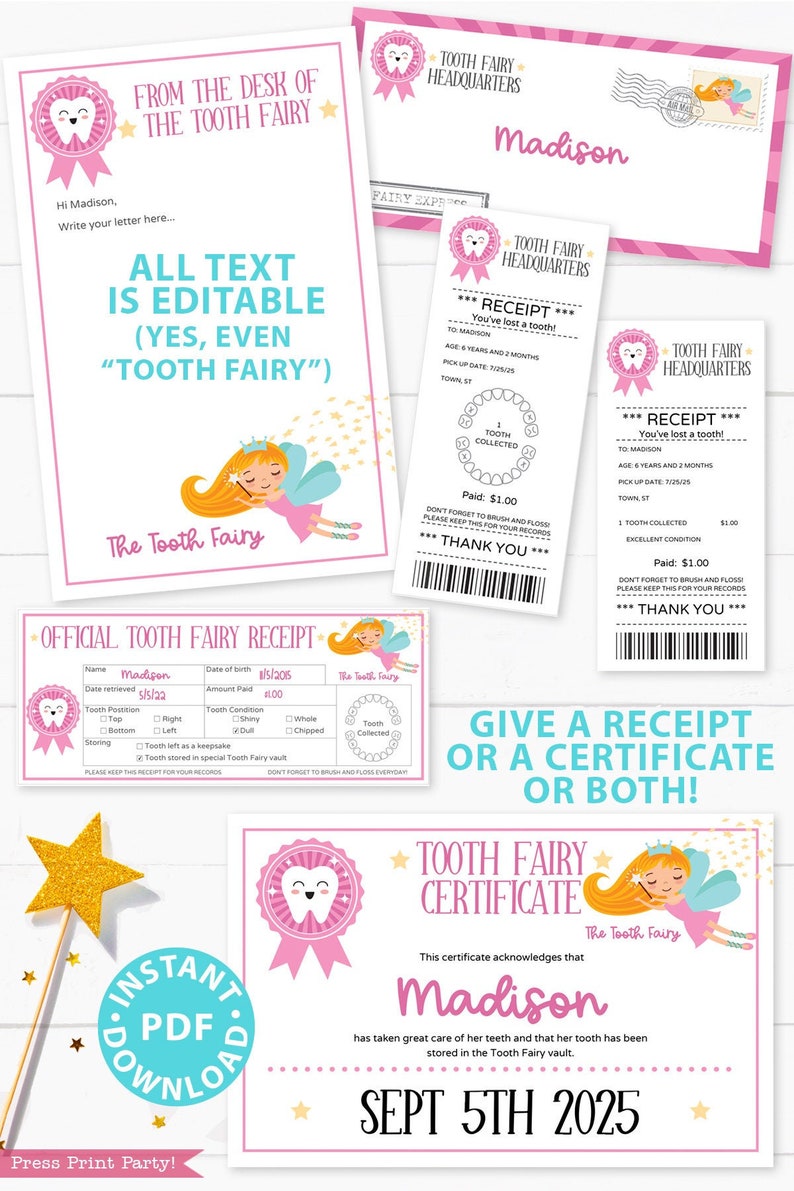 EDITABLE Tooth Fairy Letter Printable Kit & Receipts, Certificate, Baby Teeth Chart, Door Hanger Lost Tooth Fairy Envelope, INSTANT DOWNLOAD image 2