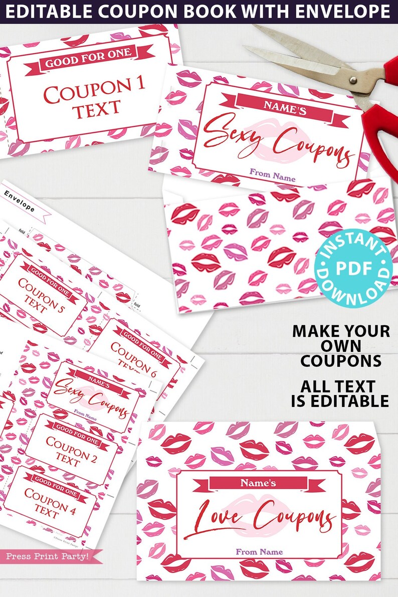 Valentines Coupons Printable, Valentine's Day Gift, Sexy Coupons For Husband, Wife, Custom Gift Idea, Editable Template, INSTANT DOWNLOAD image 1