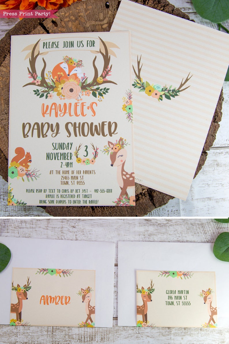 May include: A baby shower invitation with a woodland theme. The invitation features a deer with a floral crown, a squirrel, and a fox. The text on the invitation reads "Please join us for Kaylee's Baby Shower, Sunday, November 3, 2-4pm, at the home of her parents, 25465 Main St, Town, ST 91355. Please RSVP by text to Chris by Oct 31st - 912-555-8208. Kaylee is registered at Target. Bring some diapers to enter the raffle!"