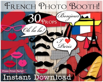 Paris Party Photo Booth Props Printables, French Party, French Photo Booth, Beret, Madeline Party, Eiffel Tower, mustache, INSTANT DOWNLOAD