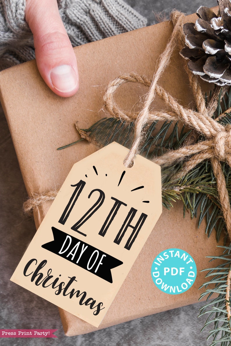 12 Days of Christmas Tags Printable, Rustic, Secret Santa Gift Tags, 12 ...