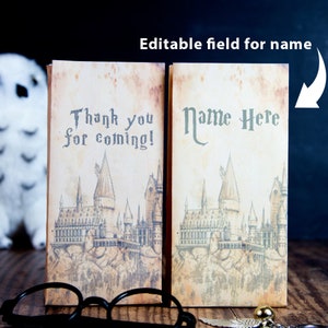 Wizard Party Favor Bags Printable Antique Style Wizard Castle Treat Bags HP Birthday Party Thank You for Coming & Customized Editable Names