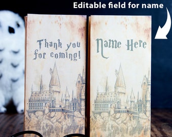 Wizard Party Favor Bags Printable Antique Style Wizard Castle Treat Bags HP Birthday Party Thank You for Coming & Customized Editable Names