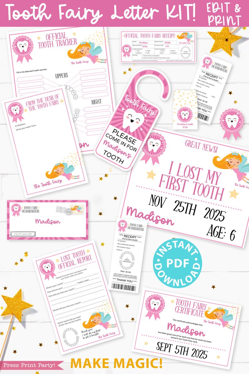 EDITIERBARE Zahnfee Brief Printable Kit & Quittungen, Zertifikat, Baby Teeth Chart, Türhänger Lost Tooth Fairy Umschlag, SOFORTIGER DOWNLOAD Bild 1